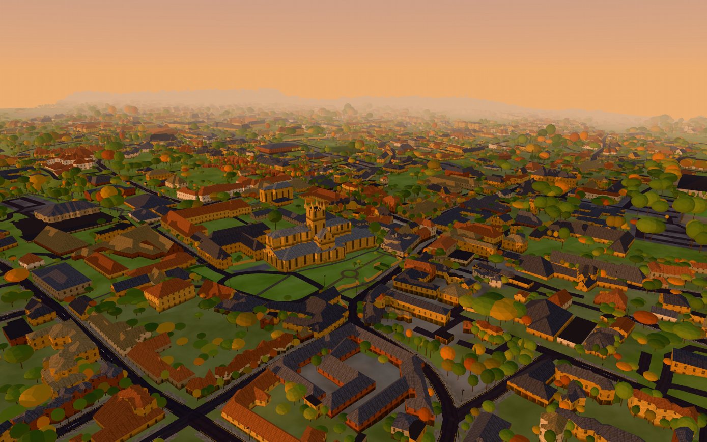 Sherborne at dusk from above, rebuilt street by street for Echoes of Sherborne: the Abbey and its tower, Ham-stone terraces, autumn trees